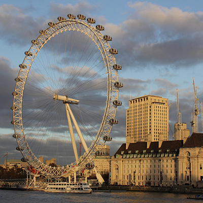 London skyline at sunset with the London Eye.